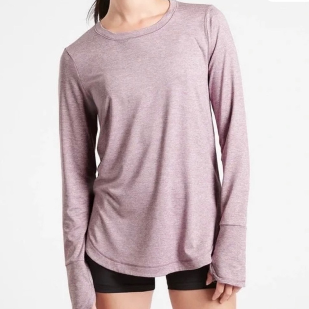 ATHLETA "Uptempo" Athleisure Workout Weekend Flora Mauve Long SLV Hi-Lo Top XL